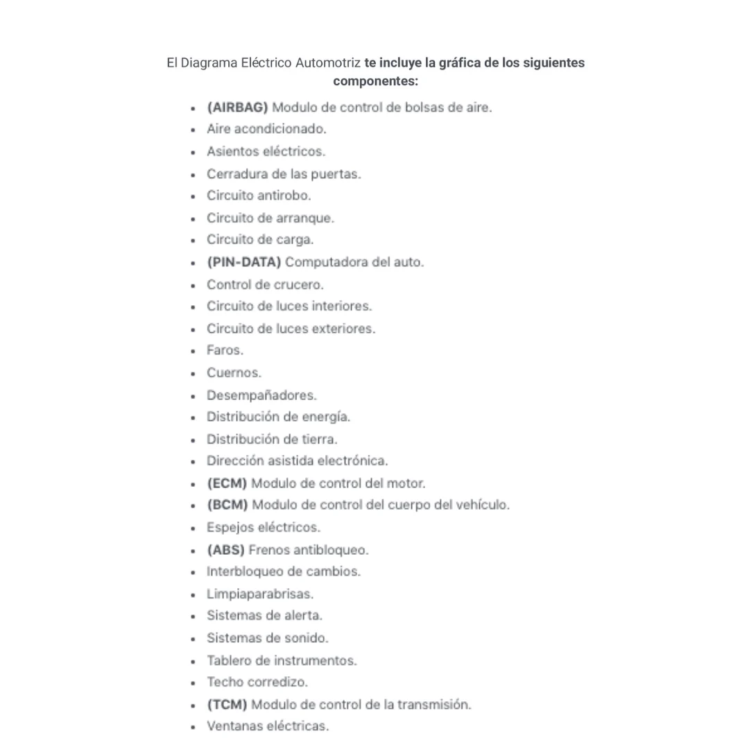 lista de componentes que incluye un diagrama electrico